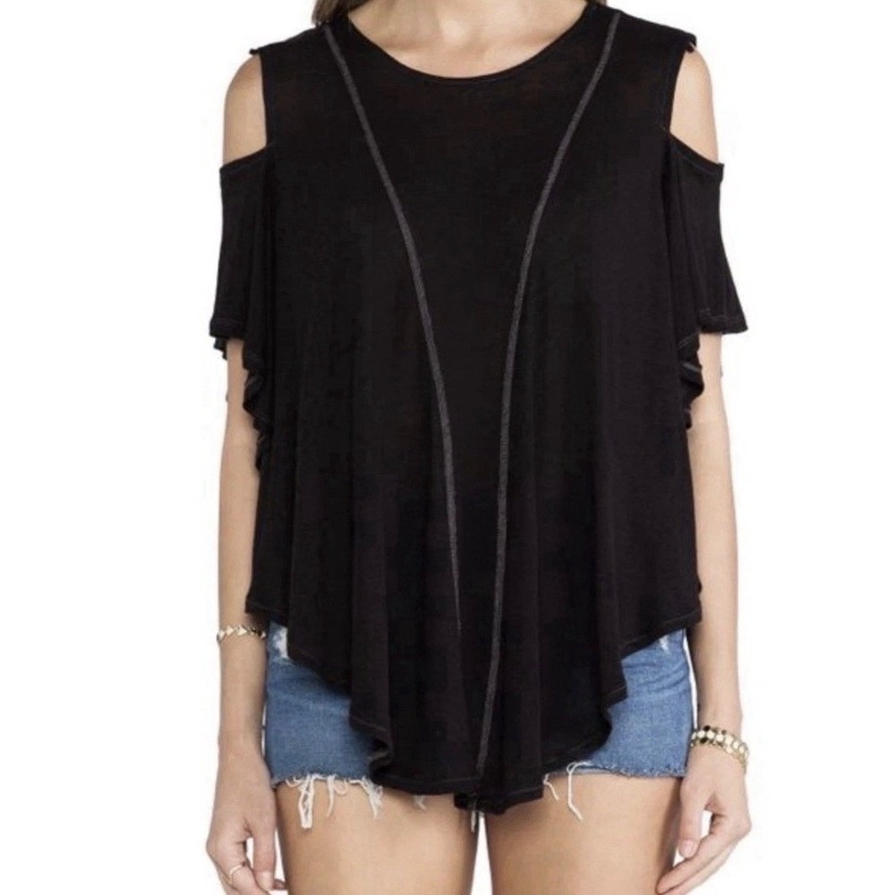We The Free People Cold Shoulder Top Black Linen Blend Contrast Stitch XS - Picture 4 of 11